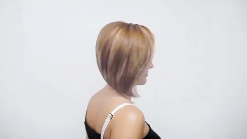 woman with black t-shirt and white strap,a pograph of someone's head with blonde hair,back of head,shoulder length,undercut,undercuts,smooth hair,straightening