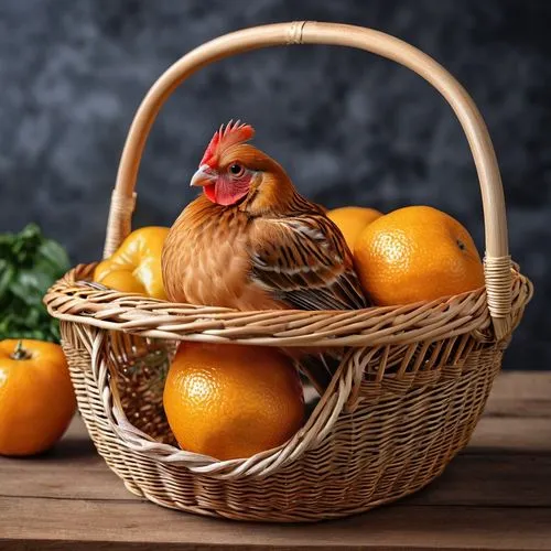 rooster in the basket,vegetable basket,eggs in a basket,egg basket,hen,domestic chicken,basket with apples,mandarin oranges,grocery basket,basket of fruit,free-range eggs,free range chicken,pullet,cockerel,basket wicker,tangerines,cornucopia,navel orange,fruit basket,vegetable crate,Photography,General,Realistic