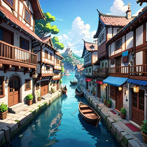 fishing village,spa town,world digital painting,tsukemono,harbor,japan landscape,resort town,beautiful japan,canals,asian architecture,japanese background,kyoto,city moat,3d fantasy,waterfront,ryokan,oriental,sanya,chinese background,waterside,Anime,Anime,General