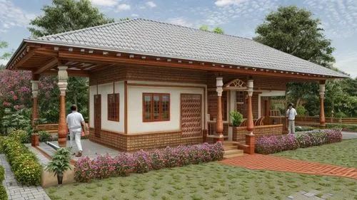 generate a realistic kerla style elevation for this image with detail skt in the backgroung and proper landscaping,an architectural rendering shows the outside of a small cottage,javanese traditional 