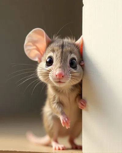 photograph of a cute [mouse] peeking from behind a wall, against a white background, high-definition studio shot, soft lighting, low contrast, clean color scheme, charming and endearing scene, focus o