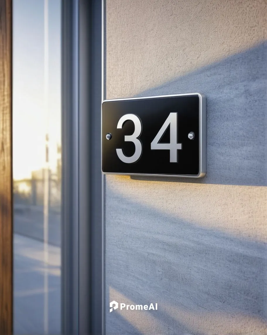 Modern architectural house, number plate, metallic material, silver color, sleek design, attached to the wall, beside a wooden door, glass windows, minimalist exterior, urban setting, cityscape backgr