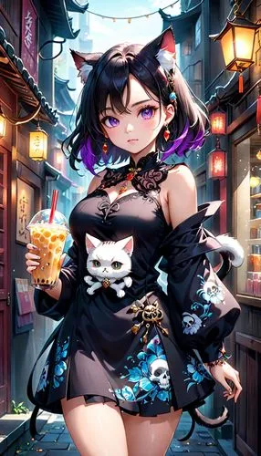 Kyoto Animation stylized anime mixed with tradition Chinese artworks~ A cat holding bubble tea, artwork reminiscent of Skull Knight. Her pose very confident and feminine standing out in a dark alley. 