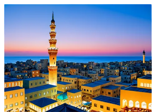 Beirut cityscape, Lebanon flag colors, Middle Eastern architecture, domed mosque, intricately decorated minaret, crowded street market, colorful lanterns, warm sunset lighting, 3/4 composition, shallo