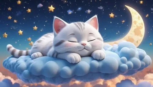 sleeping cat,beautiful cat asleep,cat kawaii,nyan,moon in the clouds,moonbeam,cat resting,cute cat,sleeping,moon night,marshmallow,white cat,luna,sleep,zzz,cumulus,cumulus nimbus,moon and star background,good night,dreaming,Unique,3D,3D Character