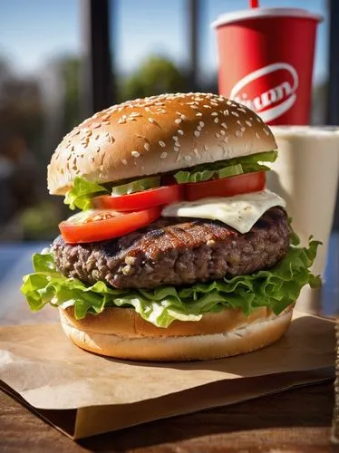 Whopper sandwich, fast food, juicy beef patty, melted American cheese, crispy lettuce, fresh tomatoes, creamy mayonnaise, toasted sesame seed bun, red packaging, burger holder, kitchen counter, mornin