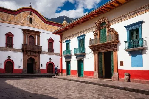 Historic Ecuadorian architecture, colorful buildings, ornate balconies, intricate stone carvings, wooden doors with metal knockers, red-tiled roofs, white-washed walls, grand colonial-style structures