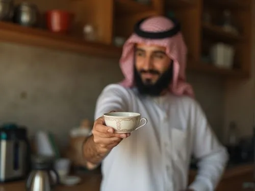 راجل سعودي يقدم كوب ماء أو طعام، مع خلفية تحتوي على مطبخ أو طاولة طعام بسيطة، مما يرمز إلى تقديم الرعاية والاحتياجات الأساسية.,the man is wearing a white shirt and holding a white cup,emirati,karak,ar