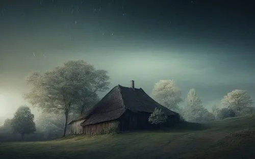 lonely house,home landscape,foggy landscape,witch house,witch's house,fantasy landscape,wuthering,house in the forest,evening atmosphere,little house,fantasy picture,green landscape,barn,dreamscapes,ancient house,elfland,landscape background,bucolic,rural landscape,wooden hut,Photography,Artistic Photography,Artistic Photography 13