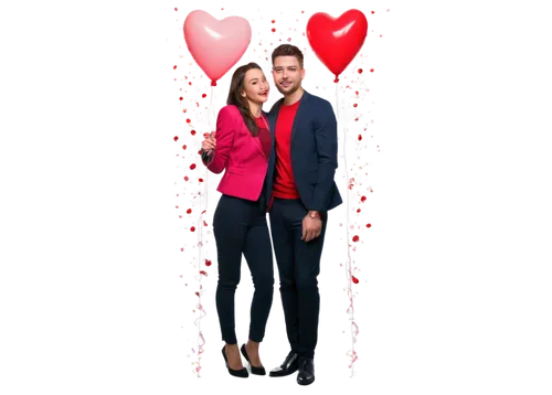 Valentine's Day theme, pink and red background, heart-shaped balloons, confetti, roses, candles, couple holding hands, sweet kiss, lovely facial expression, soft focus, warm lighting, shallow depth of