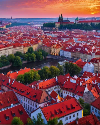 panorama of Prague with red roofs from above summer day at dusk, Czech Republic,prague,český krumlov,prague castle,bamberg,regensburg,mikulov,brno,czechia,krumlov,nuremberg,erfurt,czech budejovice,sib