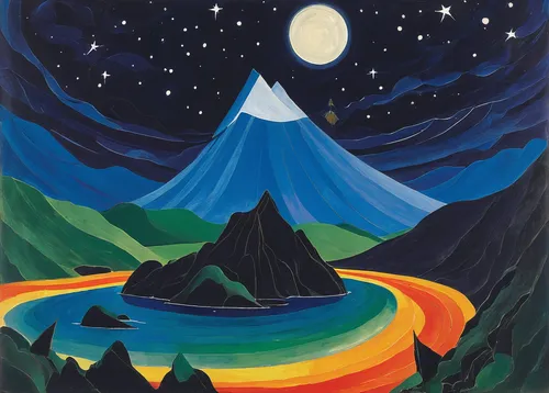 Write a thrilling story about a magical adventure involving Mana Sama.,moonbow,pachamama,the spirit of the mountains,stratovolcano,yogananda,indigenous painting,mountain scene,mountain,fjord,mitre pea