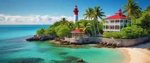 Secluded little island, tropical atmosphere, exotic palm trees, colorful hibiscus flowers, sandy white beach, crystal clear turquoise water, vintage lighthouse, wooden pier, seaside promenade, colonia