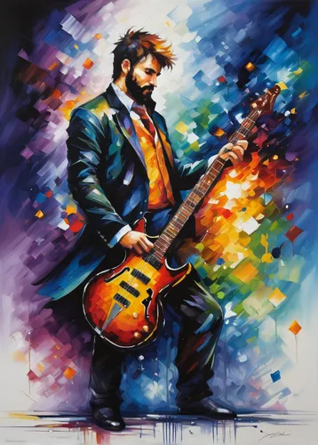 jazz guitarist,painted guitar,guitar player,musician,saxophone playing man,guitarist,man with saxophone,oil painting on canvas,concert guitar,street musician,art painting,bass guitar,guitar solo,guitar,electric guitar,painting technique,oil painting,gibson,the guitar,wall art,Illustration,American Style,American Style 06