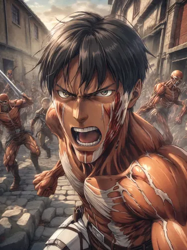 He is the hero of Attack on Titan, faces the camera with an Attack on Titan behind him.,angry man,battle,leopard's bane,rage,spartan,rome 2,combat,anime 3d,warrior,angry,anime cartoon,conquest,furious