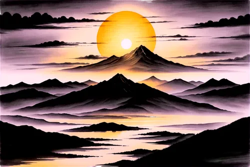 Rising sun, dawn scene, vibrant orange-yellow hue, gradual gradient, clouds with golden lining, majestic mountain range in background, misty atmosphere, soft warm lighting, 3/4 composition, panoramic 