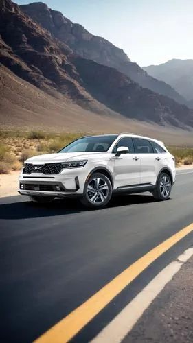 car standng on an empty road, hot weathr, sunny atmosphere, mountans and the desert in the background,crosstour,evoque,touareg,velar,aviateca,passat,urus,tiguan,desert run,xuv,sportwagon,scirocco,allr