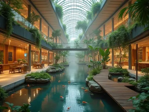 Modern shopping center, futuristic architecture, lush wetland environment integration, green roofs, vertical gardens, water features, koi ponds, wooden boardwalks, tropical plants, misting system, nat