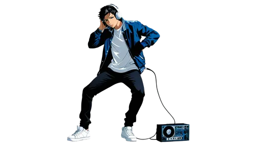 DJ, male, young adult, dynamic pose, headphones, microphone, console, vinyl records, flashing stage lights, dark blue jacket, white shirt, black pants, sneakers, confident facial expression, intense g