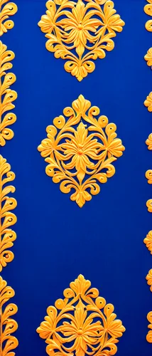 Royal blue wallpaper, luxurious texture, subtle sheen, ornate pattern, golden accents, intricate designs, embossed details, velvet-like surface, soft focus, shallow depth of field, warm lighting, 3/4 