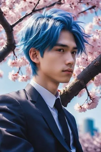 Blue hair, anime boy, solo, (14yo), detailed eyes, light blush, blue spiky hair, white shirt, black tie, dark blue pants, black shoes, sitting on a tree branch, cherry blossom trees, petals falling, s