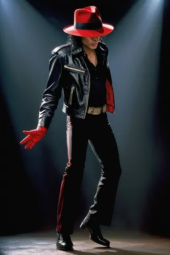 michael jackson,the king of pop,smooth criminal,michael joseph jackson,moon walk,michael,thriller,tap dance,matador,solo entertainer,entertainer,las vegas entertainer,country-western dance,leather hat,red,line dance,fedora,hip-hop dance,red hat,jumping jack,Conceptual Art,Fantasy,Fantasy 28