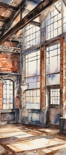 warehouses,empty factory,warehouse,lofts,loft,abandoned factory,watercolor shops,old factory,watercolor background,old windows,dilapidated building,warehousing,linthouse,industrial hall,dilapidation,old factory building,abandoned building,rowhouse,watercolor tea shop,wooden windows,Illustration,Paper based,Paper Based 25