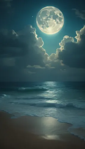 a beach with waves and a full moon,moonlit night,moon in the clouds,moonbeams,moondance,moon and star background,blue moon