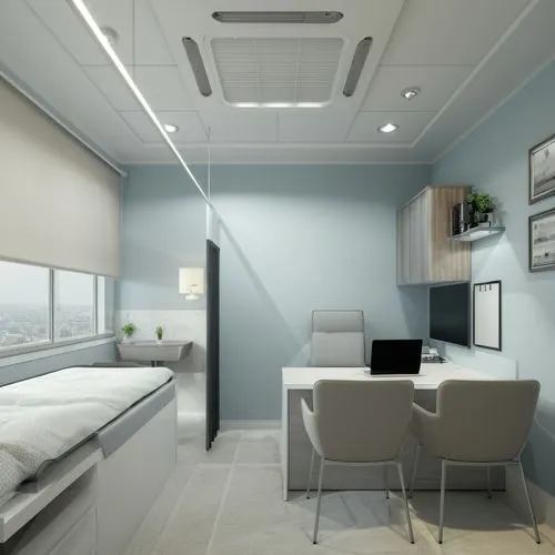 Change the color of only Chairs and Bed to Light grey. ,a room with some chairs a desk and a laptop,treatment room,hospital ward,sickbay,hospitalier,sickroom,operating room,Photography,General,Realist