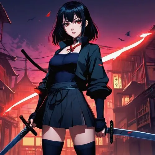 A 20 year old girl with cute eyes and vampire teeth. She has a serious face expression and dark hair. Wearing black thigh high socks. And has a katana in her hands. Dark aesthetic. Scary. Movie. Contr