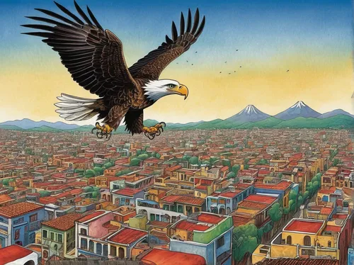 Imagine a thrilling adventure where the eagle in the Mexican flag comes to life and saves the day.,eagle illustration,aztec gull,constantinople,perico,kathmandu,mongolian eagle,city pigeon,volcanic er