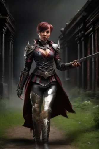 a woman in metal armor and boots is walking on a pathway,aveline,ariela,taleyarkhan,liora,katarina,romanoff