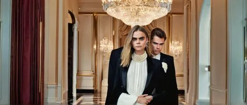 Cara Delevingne, architectural digest, mature lady, 30s, elegant hairstyle, subtle makeup, pearl necklace, white shirt, black tailored suit, high heels, standing, interior design magazine cover, luxur