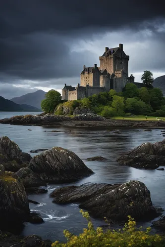 Describe the majestic Eilean Donan castle on a stormy night.,eilean donan castle,eilean donan,scotland,scottish folly,scottish highlands,isle of mull,isle of skye,castle bran,ruined castle,clàrsach,sc