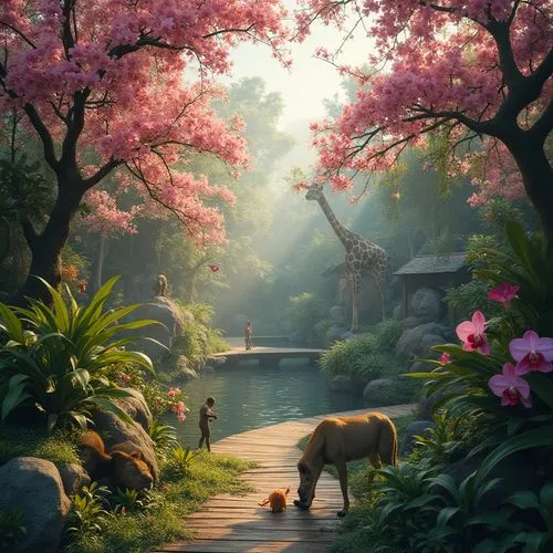 animal kingdom,fantasy picture,fantasy landscape,japan garden,japanese sakura background,ghibli,japan landscape,pathway,disneynature,fairy world,walking in a spring,idyllic,springtime background,forest path,spring morning,studio ghibli,fairy forest,garden of eden,japanese garden,sakura trees,Photography,General,Realistic