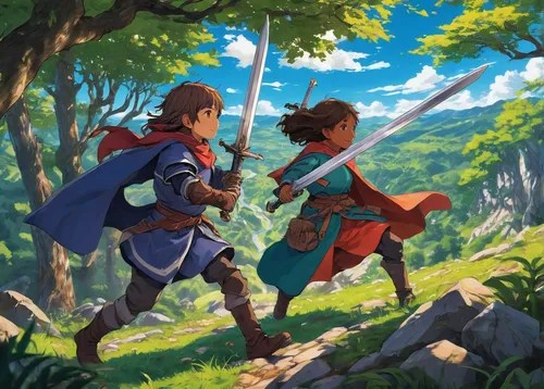 studio ghibli,cg artwork,game illustration,girl and boy outdoor,chasm,travelers,encounter,stroll,hikers,adventure,in the tall grass,game art,wander,adventurer,link,lilo,happy children playing in the forest,playing outdoors,meteora,journey,Art,Artistic Painting,Artistic Painting 25