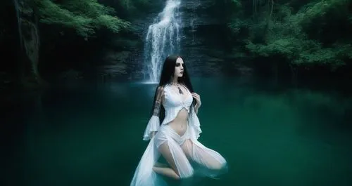 beautiful lady swimming, long hair , white vest in the water, wide view with waterfalls and green forest abanding,a woman is standing in the water next to a waterfall,naiad,water nymph,sirenia,fathom,