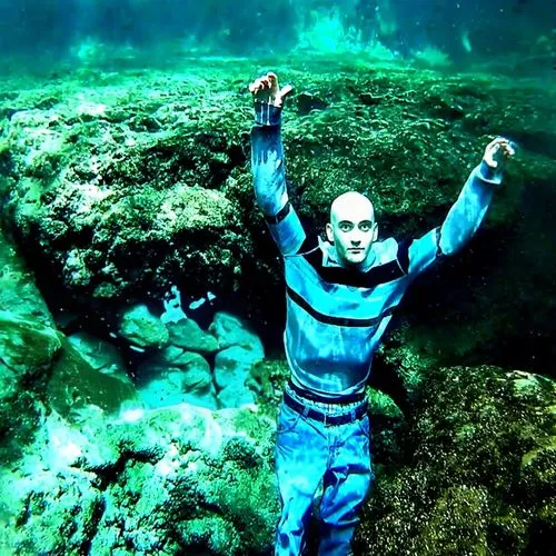 the man in blue wet suit is standing on the underwater rocks,freediver,freediving,divemaster,cousteau,scuba diving,sidemount