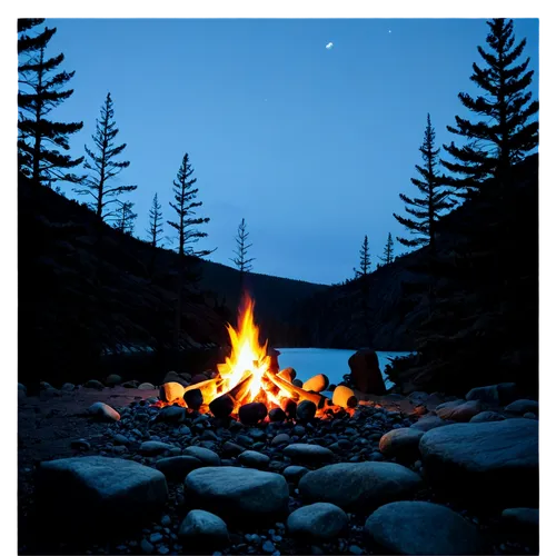 Campfire scene, warm glowing flames, crackling sounds, surrounded by rocks, nighttime, starry sky, silhouette of trees, cozy atmosphere, shallow depth of field, soft focus, warm color tone, 3/4 compos