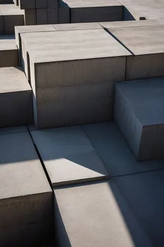 Concrete architectural blocks, modern brutalist style, geometric shapes, rough texture, grey color, urban landscape, city square, minimalist composition, low-angle shot, dramatic lighting, long shadow