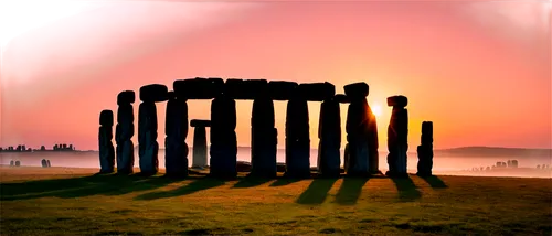 Solstice scene, summer solstice, sunset, warm colors, golden hour, long shadows, stonehenge-inspired monument, ancient ruins, mystical atmosphere, misty fog, warm lighting, 3/4 composition, cinematic 