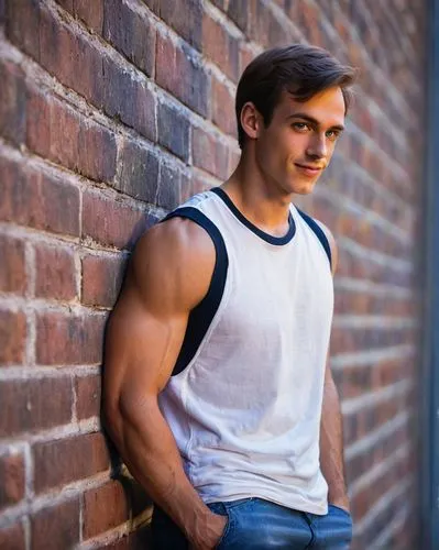 Daniel Menna, handsome muscular man, 25yo, short brown hair, bright blue eyes, strong jawline, small nose, charming smile, casual wear, white sleeveless shirt, dark blue ripped jeans, black sneakers, 