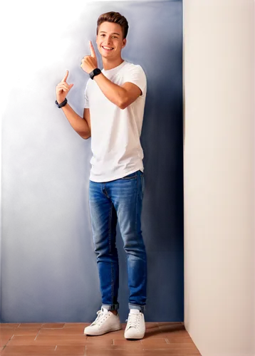 Male, young adult, smiling, waving, casual clothes, white shirt, blue jeans, sneakers, relaxed posture, leaning against wall, warm lighting, soft focus, 3/4 composition, shallow depth of field, cinema