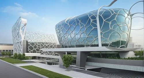 Iran Neurological Sciences Hospital entrance 
Inspired by neurons and nerve fibers of bionic architecture,a futuristic building with glass on the facade,etfe,futuristic architecture,masdar,futuristic 