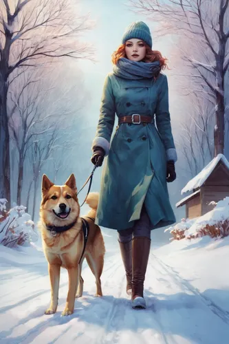 companion dog,girl with dog,boy and dog,dog walker,west siberian laika,east siberian laika,winter clothing,winter background,akita inu,shiba,walking dogs,winterblueher,dog illustration,russian winter,schipperke,the wanderer,laika,eskimo,winter animals,dog walking,Illustration,Realistic Fantasy,Realistic Fantasy 15