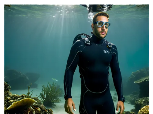 Scuba diver, male, muscular, 30s, serious expression, diving goggles, oxygen tank, wetsuit, fins, underwater scene, sunlight filtering through water, seaweed in background, shallow depth of field, nat