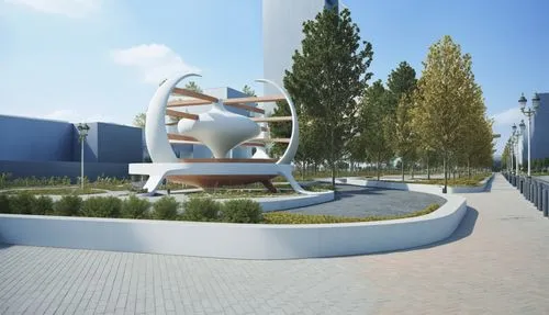 An Architectural rendering of A street with sculptural park to the right,there is an artistic building with sculptures outside,3d rendering,skolkovo,steel sculpture,uanl,biotechnology research institu