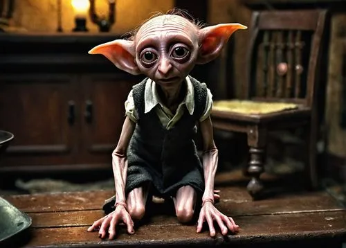 Dobby, house-elf, standing, pleading eyes, worn-out clothes, dirty apron, bare feet, messy hair, sad facial expression, dimly lit, old furniture, wooden table, dusty vases, worn-out chair, Hogwarts in