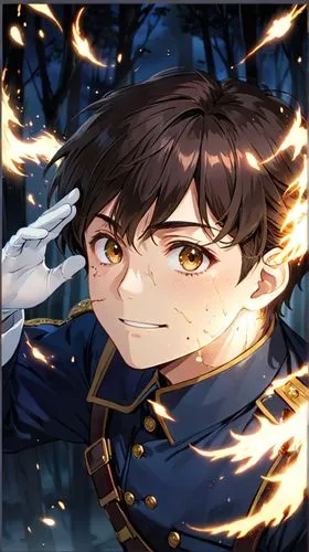 a boy in uniform stands surrounded by sparks and fire,junyao,katsuyuki,altemps,dimitri,ravenclaw,melikov,Anime,Anime,General