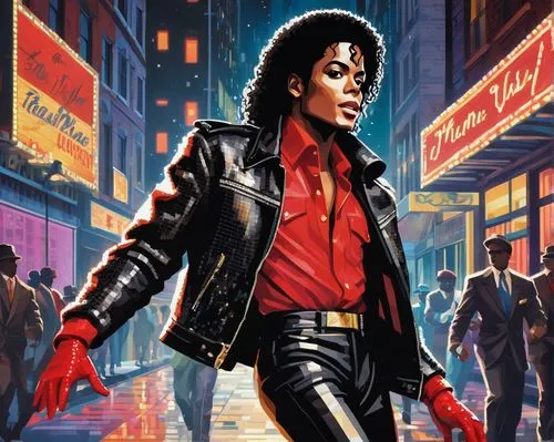 michael jackson,the king of pop,thriller,michael joseph jackson,michael,smooth criminal,moon walk,1980's,1980s,80s,1986,1982,sylvester,jheri curl,red,70's icon,80's design,the style of the 80-ies,jackson,walk of fame,Illustration,Realistic Fantasy,Realistic Fantasy 21